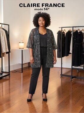 Claire France, 2X Plus Size, Sheer Black Silver Shimmer Cardigan Kimono, Chic